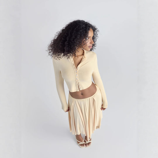 Damen Cropped-Cardigan mit Perlmuttknöpfen und asymmetrischem Zipfel-Midirock EB