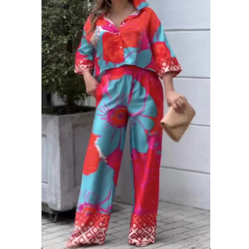 Damen lässiges Set mit cropped Bluse und weitem Hosen EB