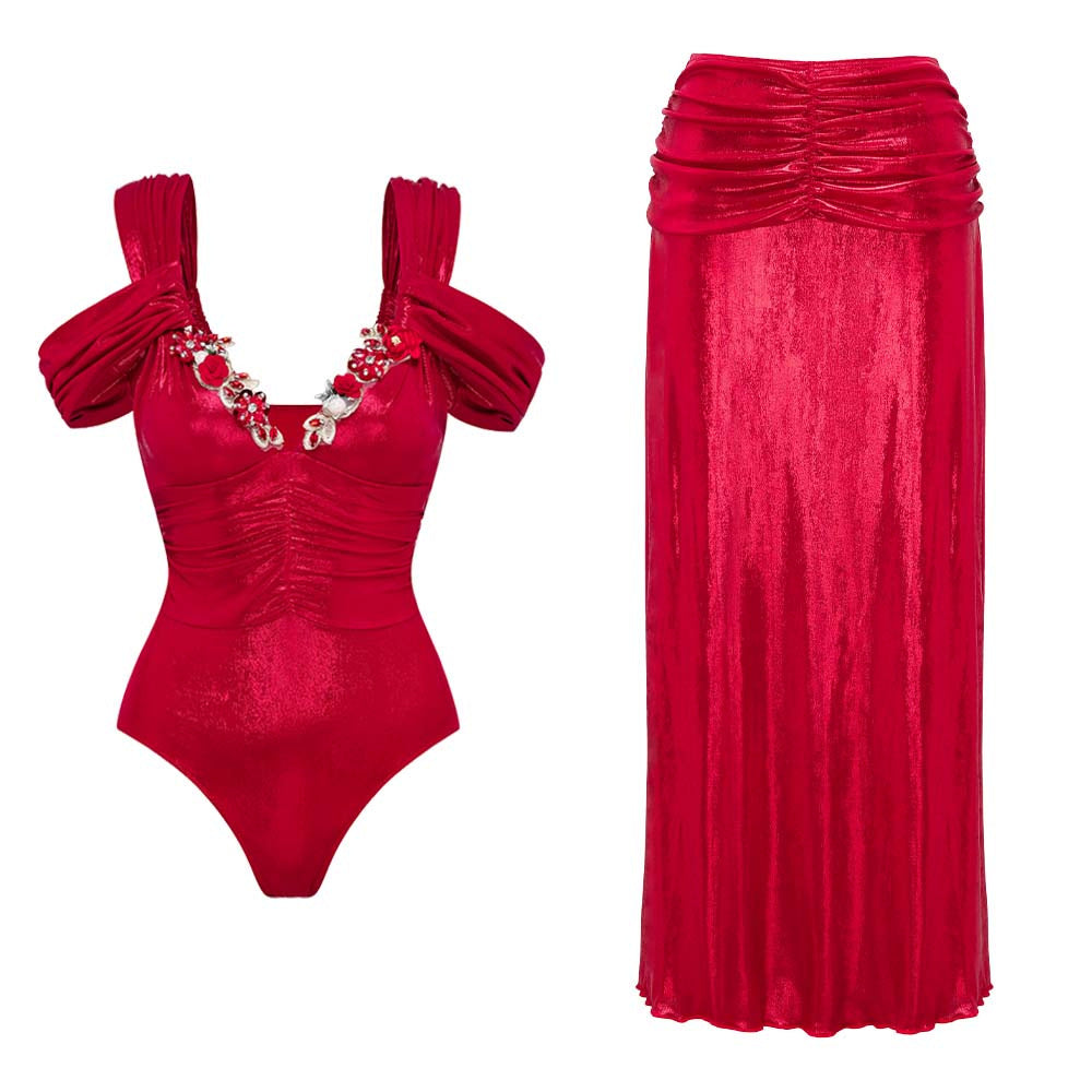 Damen Badeanzug mit off-shoulder Design und elegantem Rock EB