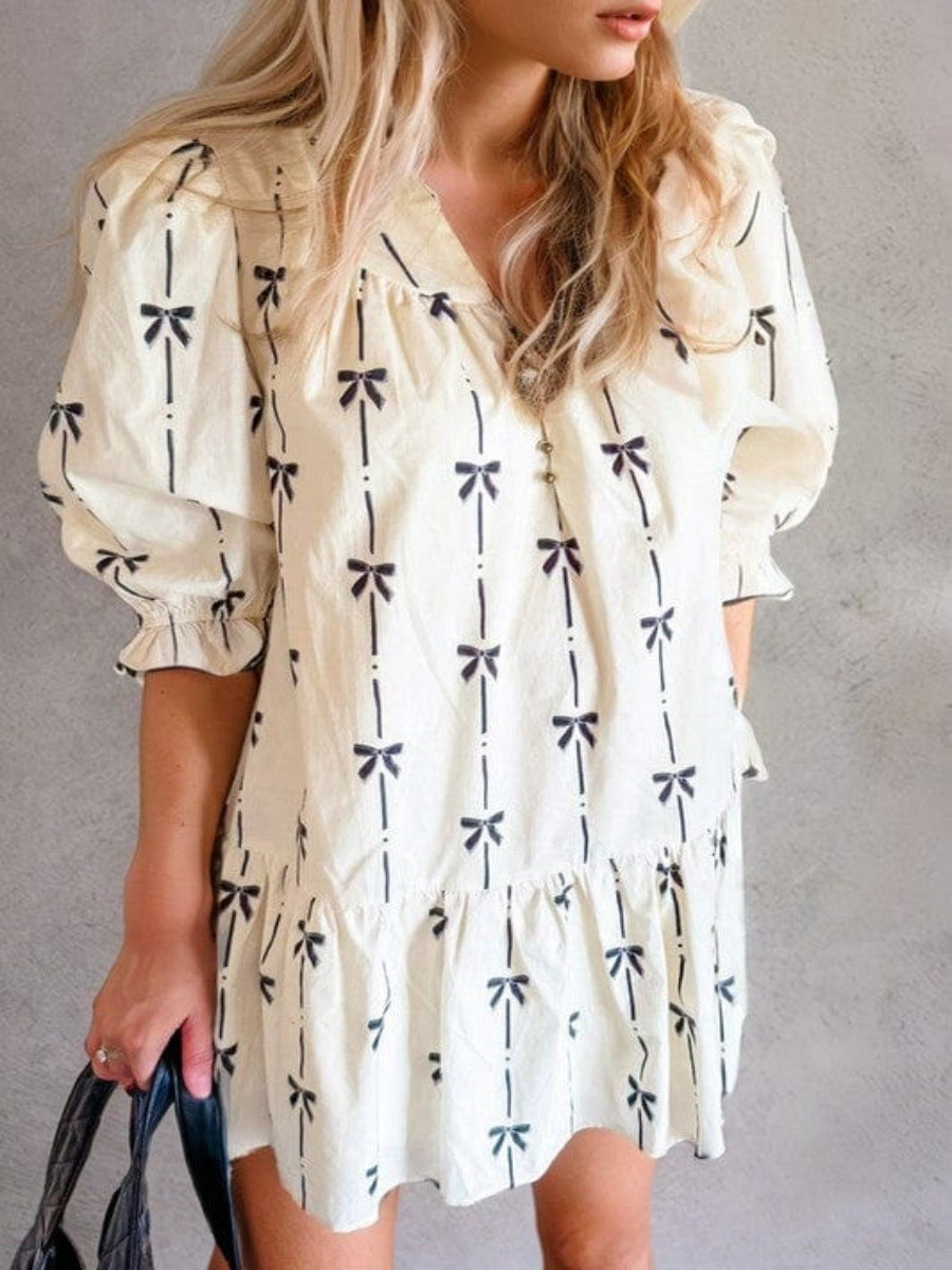 Damen luftiges Freizeitkleid mit Rüschen und zartem Schleifenprint EB