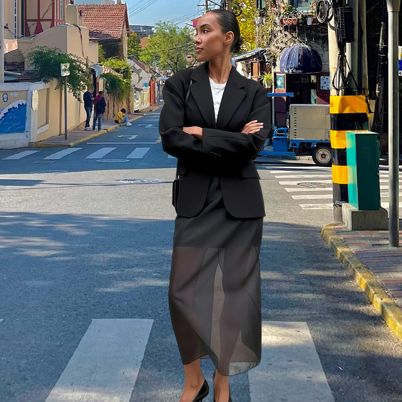 Damen Elegante durchsichtige Midi-Rock mit seitlichen Schlitzen und strukturierter Taille EB