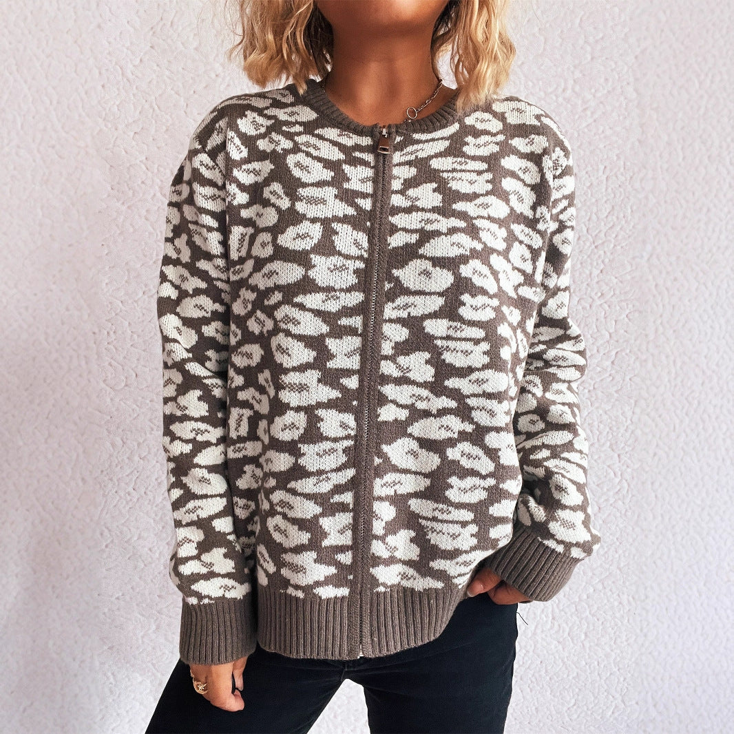 Damen Strickjacke mit modernem Leopardenmuster und Zipperdetails EB