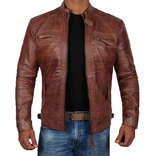 Herren Lederjacke mit Stehkragen und Ziernähten EB