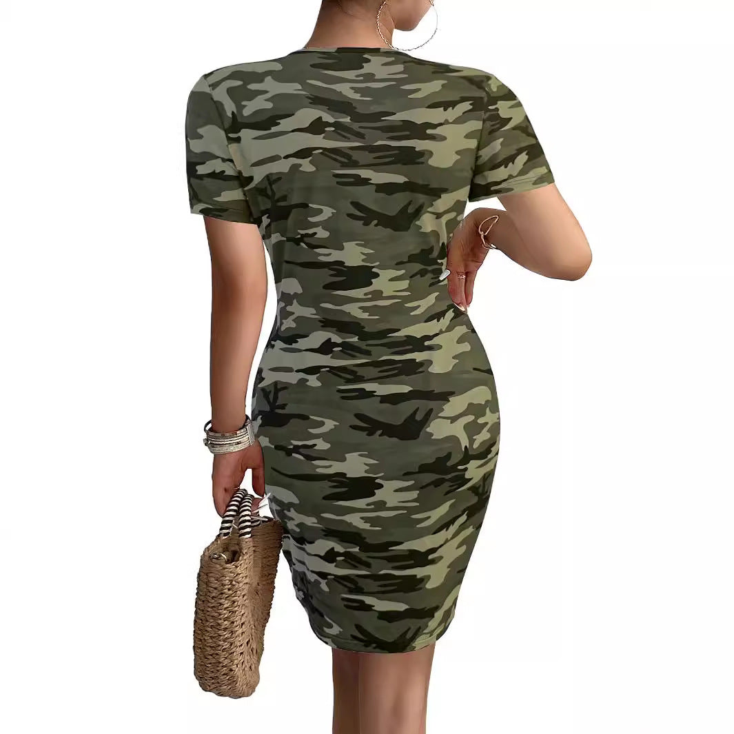 Damen figurbetontes Camouflage-Kleid mit V-Ausschnitt und elastischem Material EB