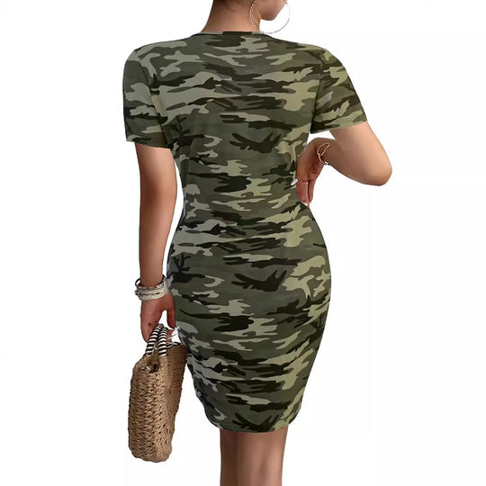 Damen figurbetontes Camouflage-Kleid mit V-Ausschnitt und elastischem Material EB