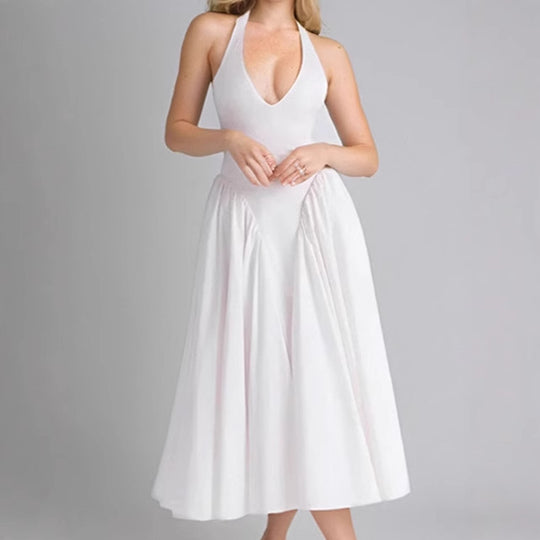Damen Midikleid mit tiefem V-Ausschnitt und fließendem Rock EB