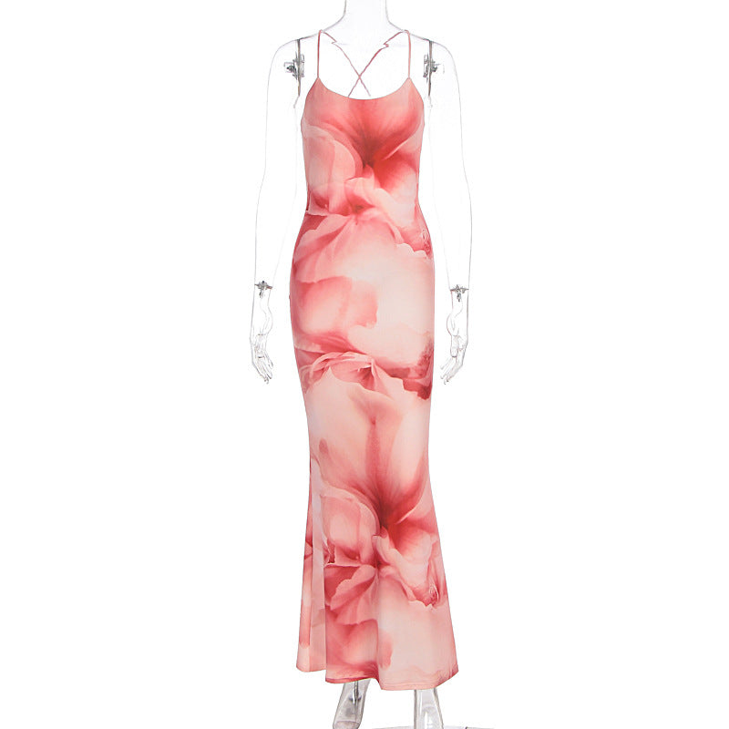 Damen langes Kleid mit floralem Design und Spaghettiträgern EB