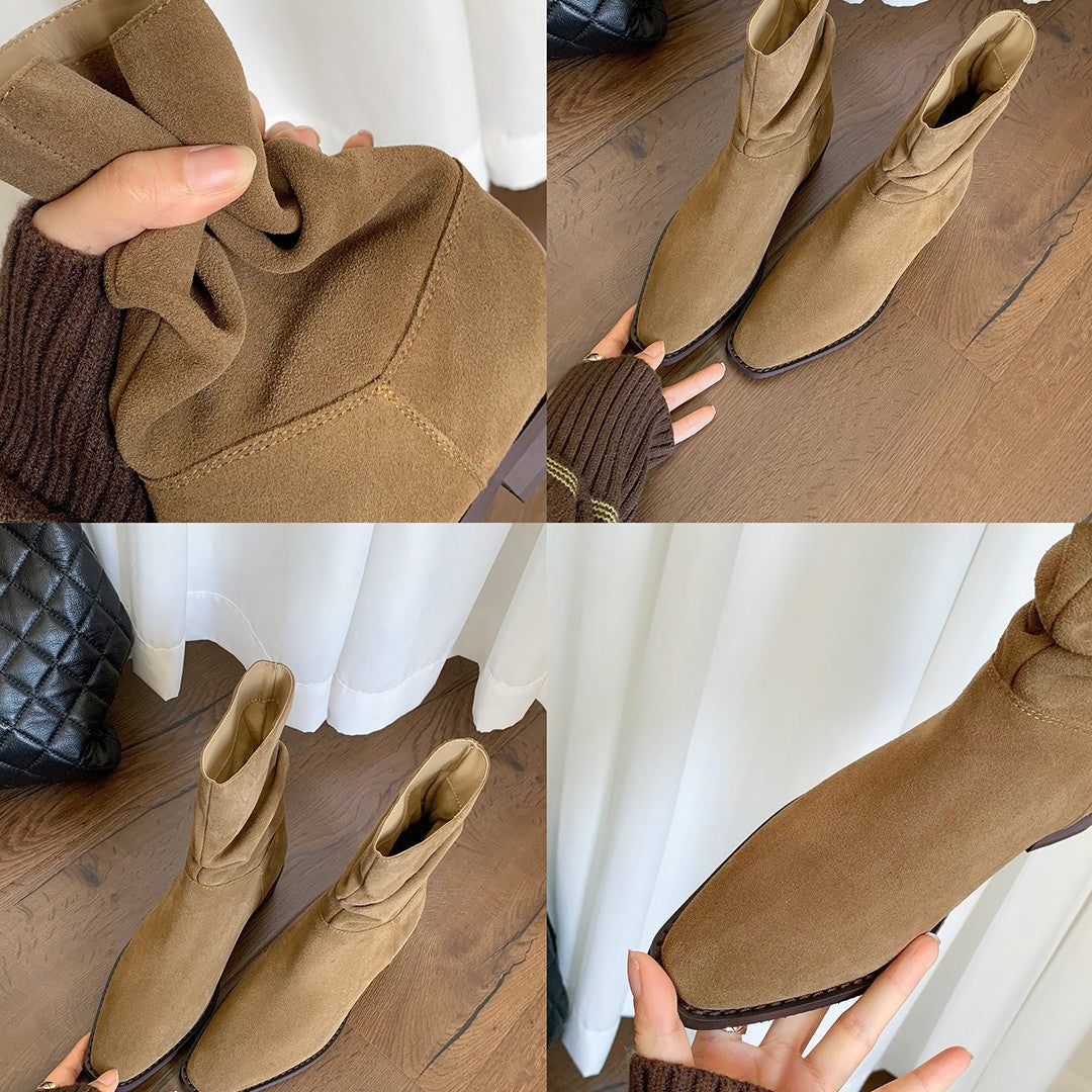 Damen modische Stiefeletten mit gerafftem Design und bequemem Blockabsatz EB