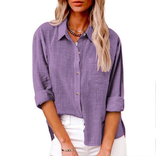 Damen nan oversized Leinen-Baumwollmix Hemdbluse mit Brusttasche und krempelbaren Ärmeln EB