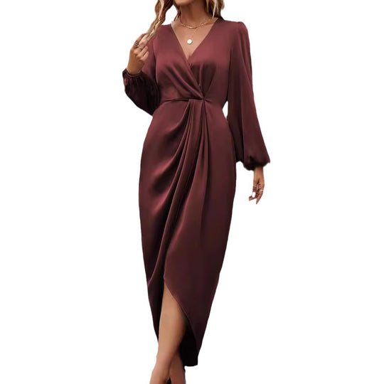 Damen nan tailliertes Drapé-Midikleid mit V-Ausschnitt Raffung Ballonärmeln und seitlichem Wickelschlitz EB