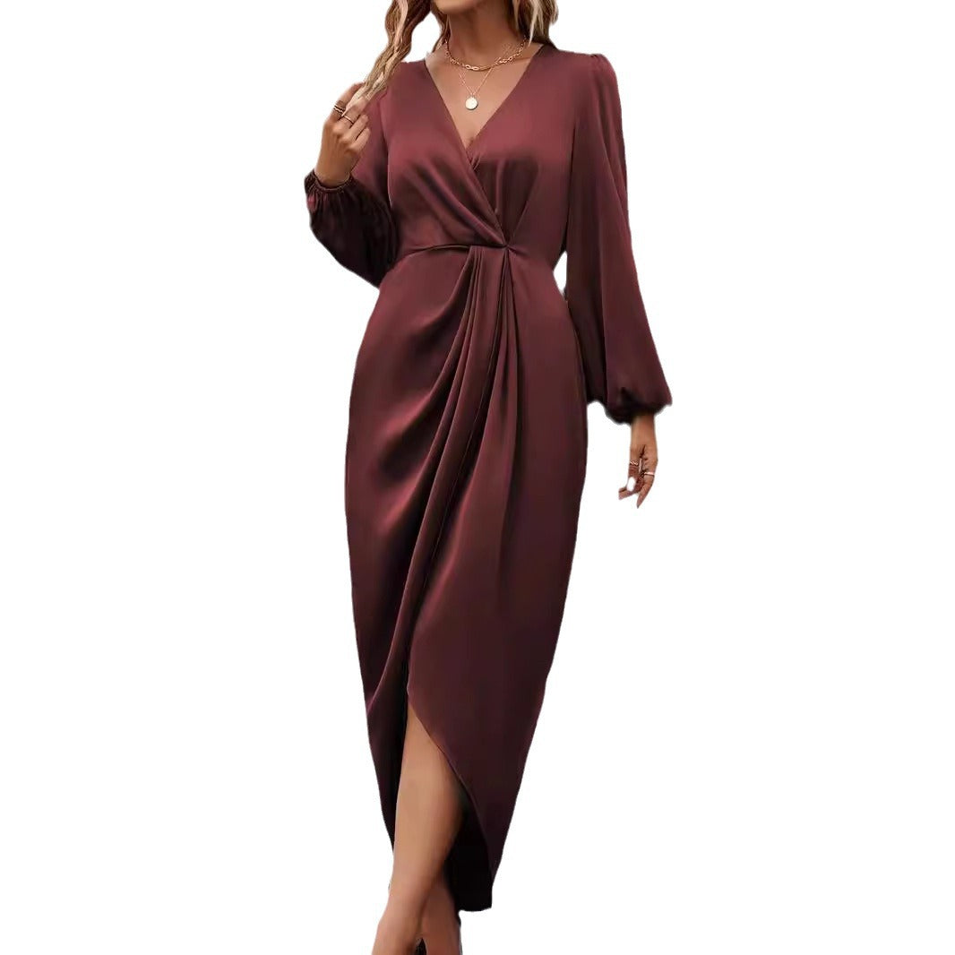 Damen nan drapiertes Satin-Midikleid mit Knoten-Detail, V-Ausschnitt und Ballonärmeln EB