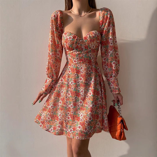 Damen Puffärmel Kleid mit romantischem Blumenmuster und herzförmigem Ausschnitt EB