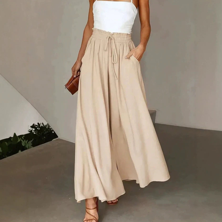 Damen Weite Maxipalazzo-Hose mit Paperbag-Bund, Kordelzug und Seitentaschen EB