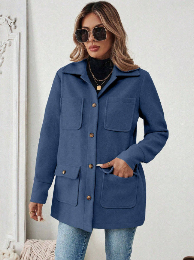 Damen Modische Utility-Jacke mit großen Taschen und goldenem Druck EB