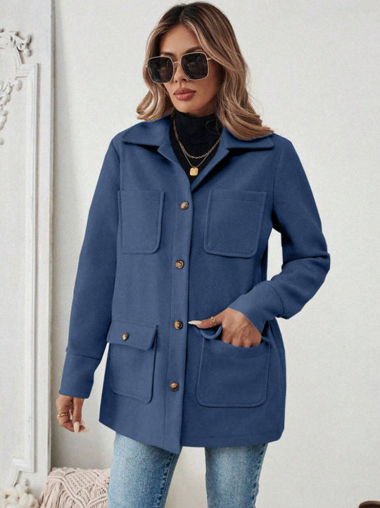 Damen Modische Utility-Jacke mit großen Taschen und goldenem Druck EB