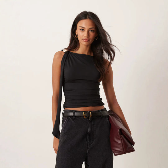 Damen elegantes Raffungskleid mit dekorativem Schulterband EB