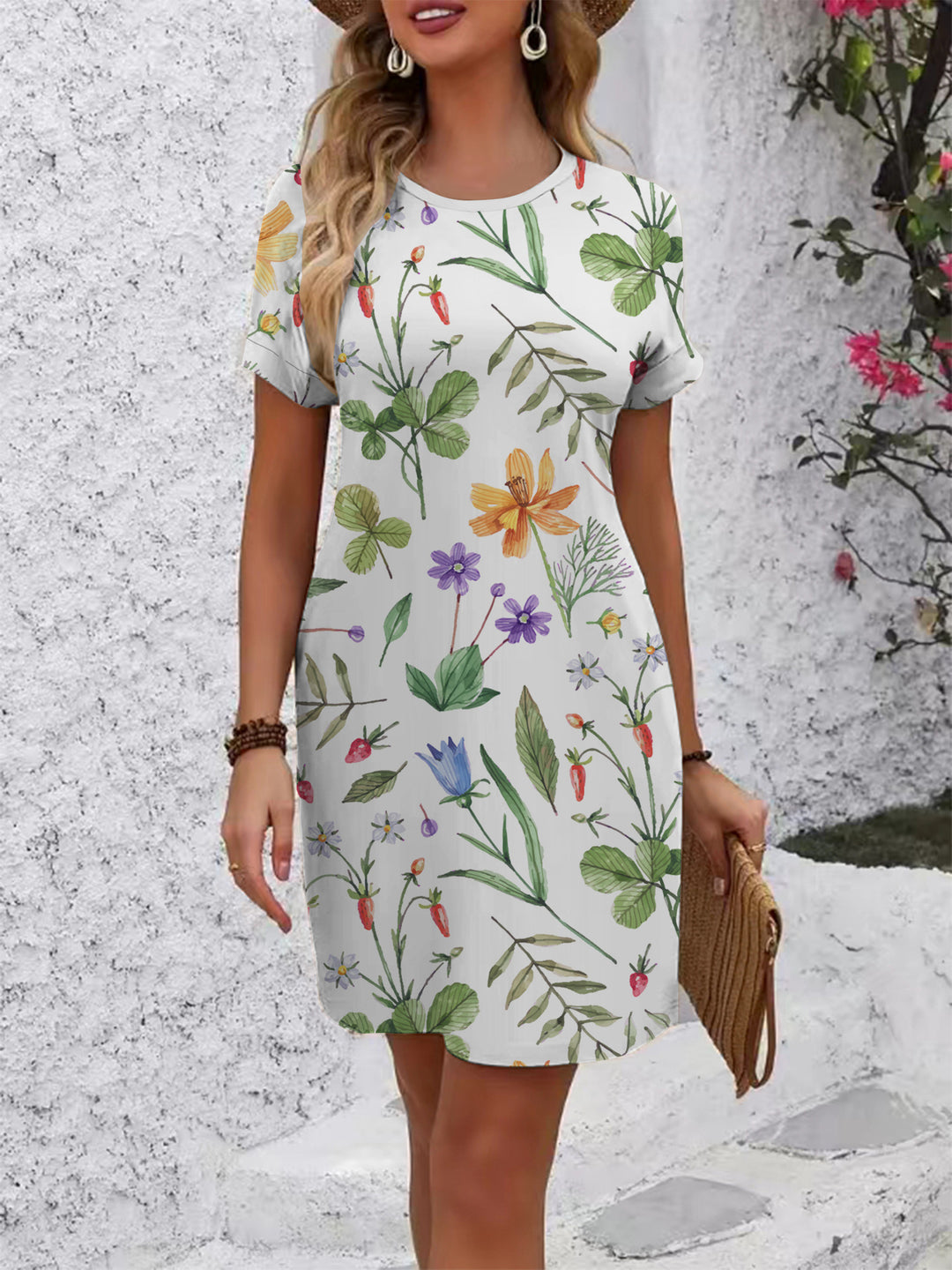 Damen Kurzarm Kleid mit botanischem Druck EB