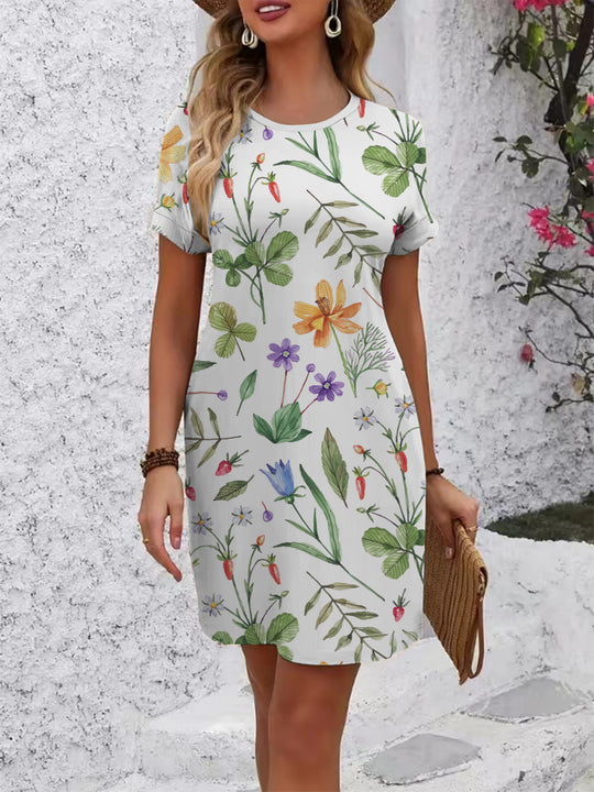 Damen Kurzarm Kleid mit botanischem Druck EB