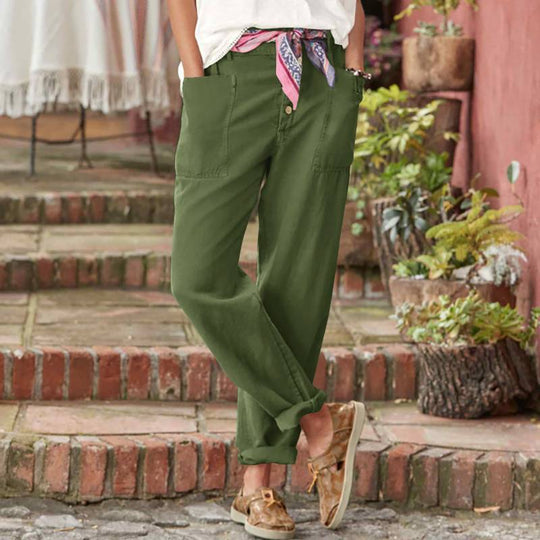 Damen nan Leinen-Baumwoll-Loungehose mit weitem Schnitt, hoher Bund und aufgesetzten Taschen EB