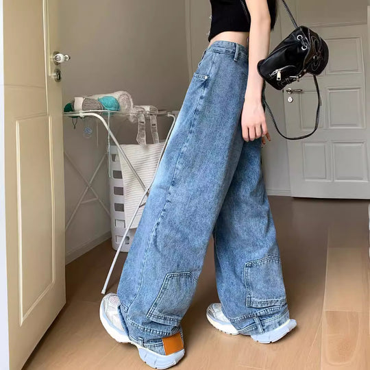 Damen Weite Denim-Hose mit hohem Taillenbund und lässigem Schnitt EB