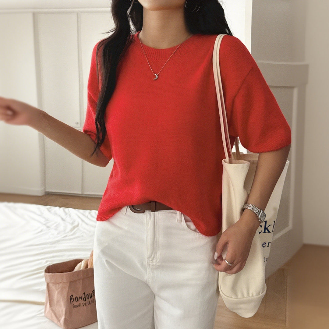 Damen kurzärmeliges Strickoberteil mit lässigem Schnitt EB