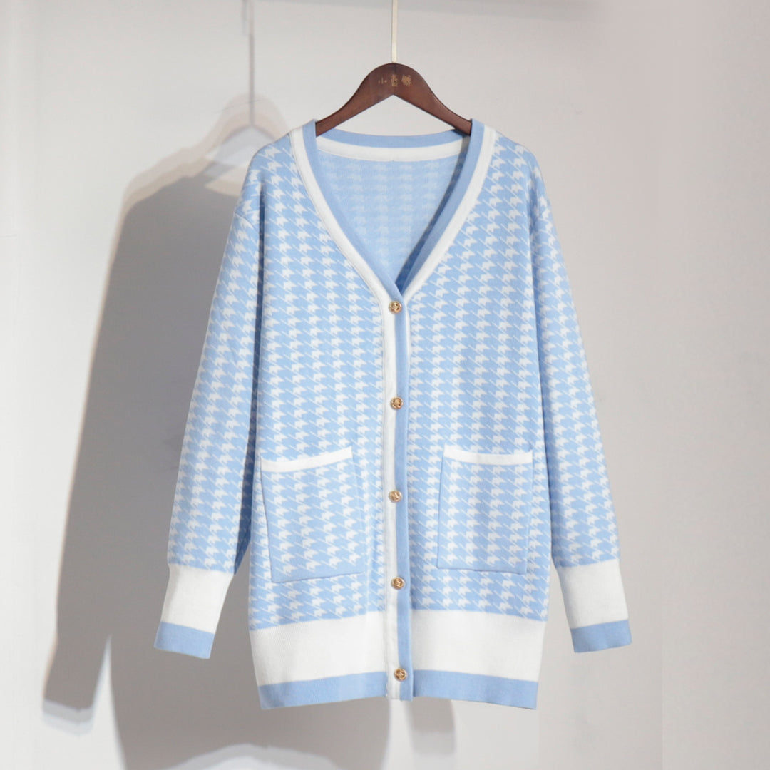 Damen Strickcardigan mit klassischem Hahnentritt-Muster und Knopfleiste EB