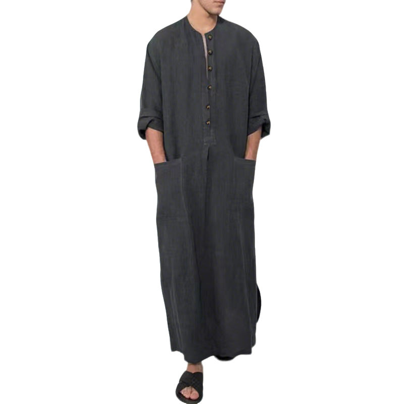 Herren nan weites langes Tunika-Kaftan aus atmungsaktivem Leinen mit Stehkragen Knopfblende und aufgesetzten Taschen EB
