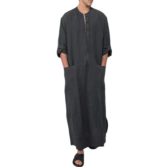 Herren nan weites langes Tunika-Kaftan aus atmungsaktivem Leinen mit Stehkragen Knopfblende und aufgesetzten Taschen EB