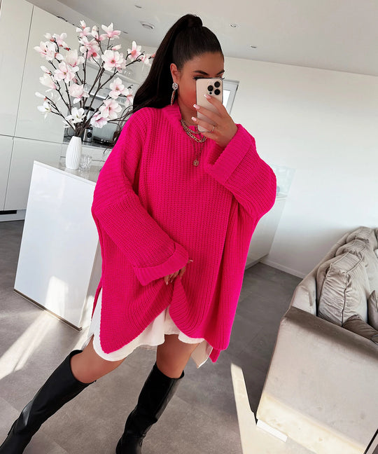 Damen grob gestrickter Oversize-Pullover mit V-Ausschnitt und lässigem Schnitt EB