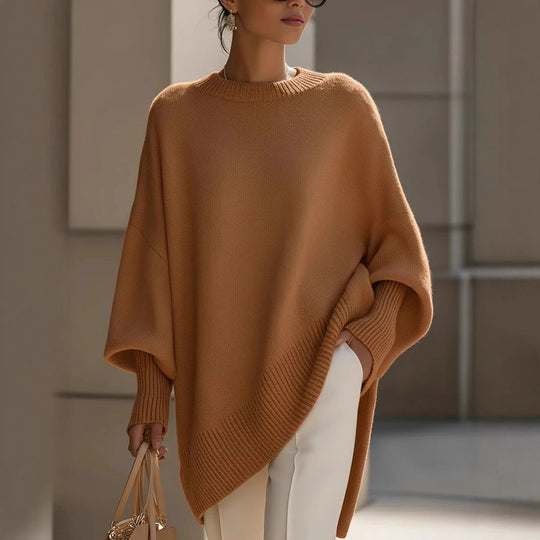 Damen nan Oversize Strickponcho mit asymmetrischem Saum und gerippten Ärmeln EB