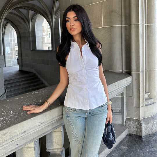Damen figurbetonte Hemdbluse mit Knopfverschluss und ärmellosem Design EB