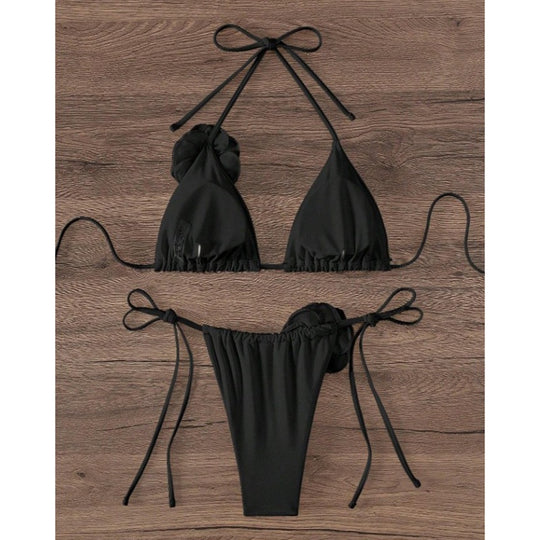 Damen Triangel-Bikini mit Blumenapplikationen und verstellbaren Bändern EB