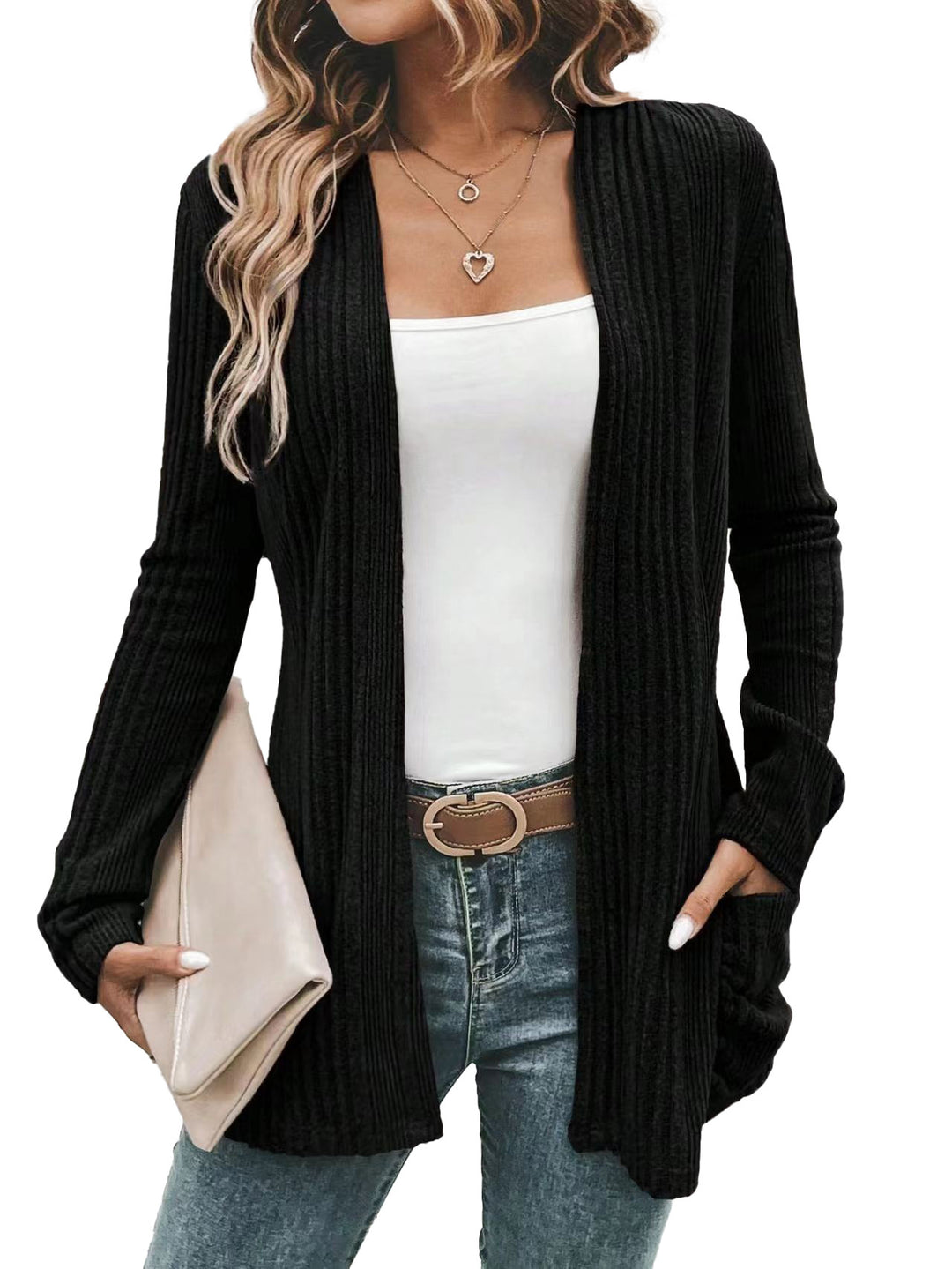 Damen modische Strickjacke mit offenen Front und praktischen Taschen EB