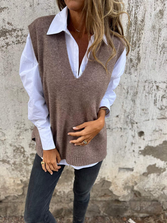 Damen lässiger Strickpullover mit V-Ausschnitt EB