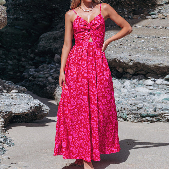 Damen Maxikleid mit raffiniertem Knotendesign und floralem Muster EB