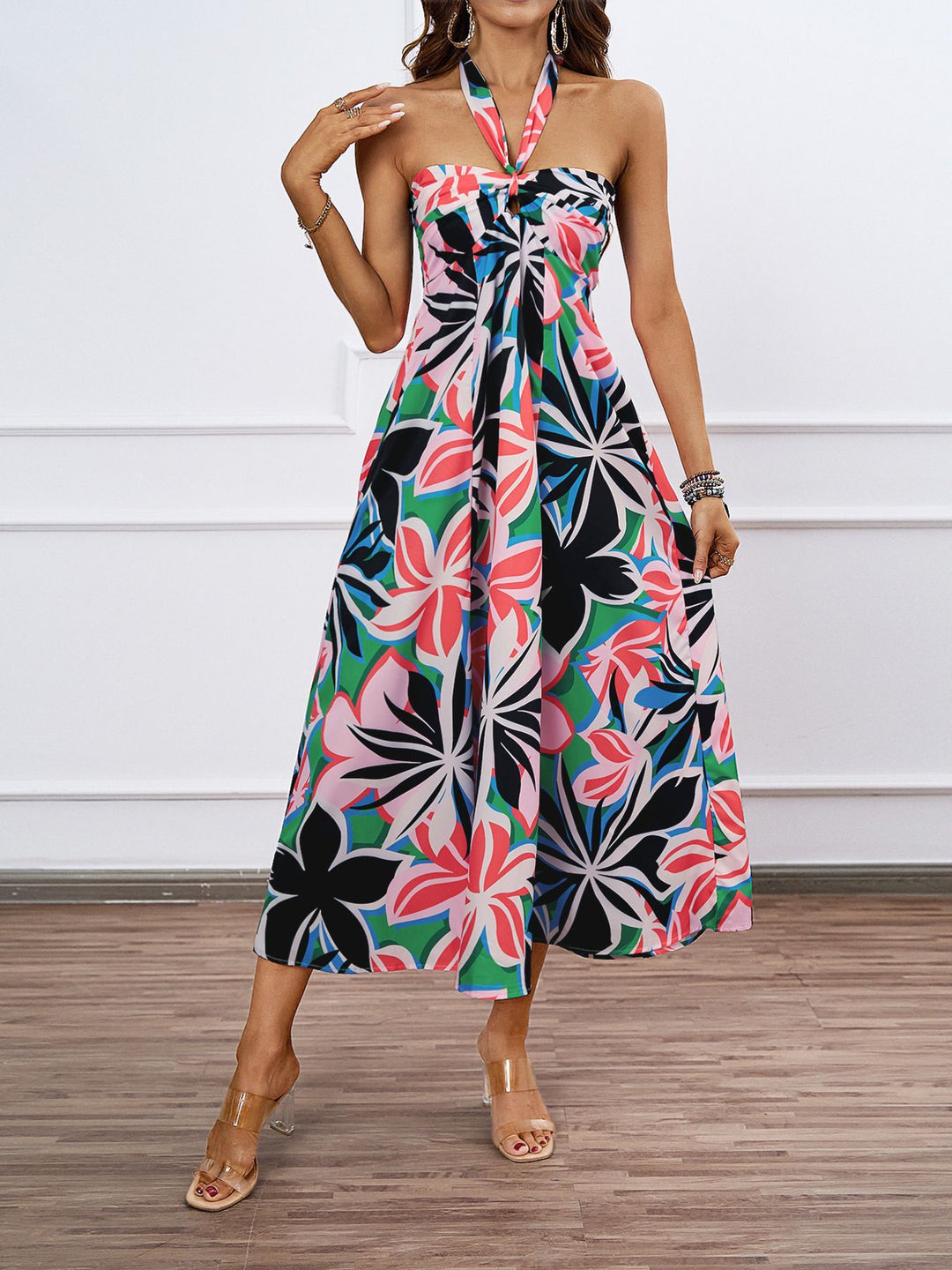 Damen Maxi Kleid mit schulterfreiem Design und Blumenmuster EB