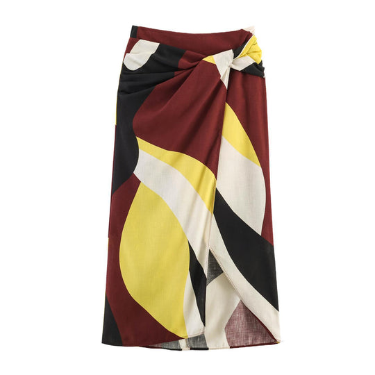 Damen Maxirock mit buntem Grafikdesign und eleganter Drapierung EB