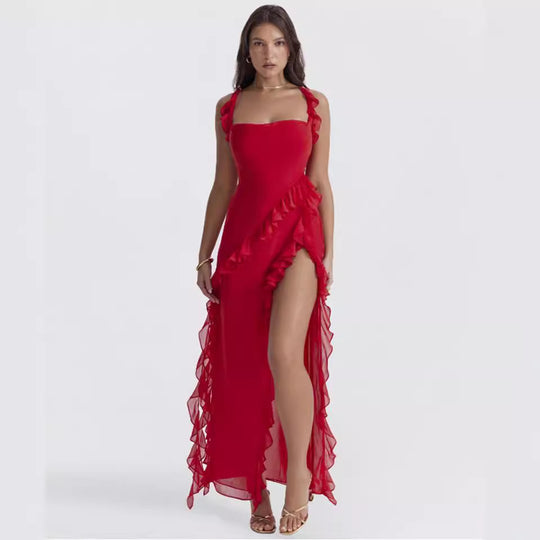 Damen Maxikleid mit verführerischen Rüschen und hohen Schlitz Heidi-Mode