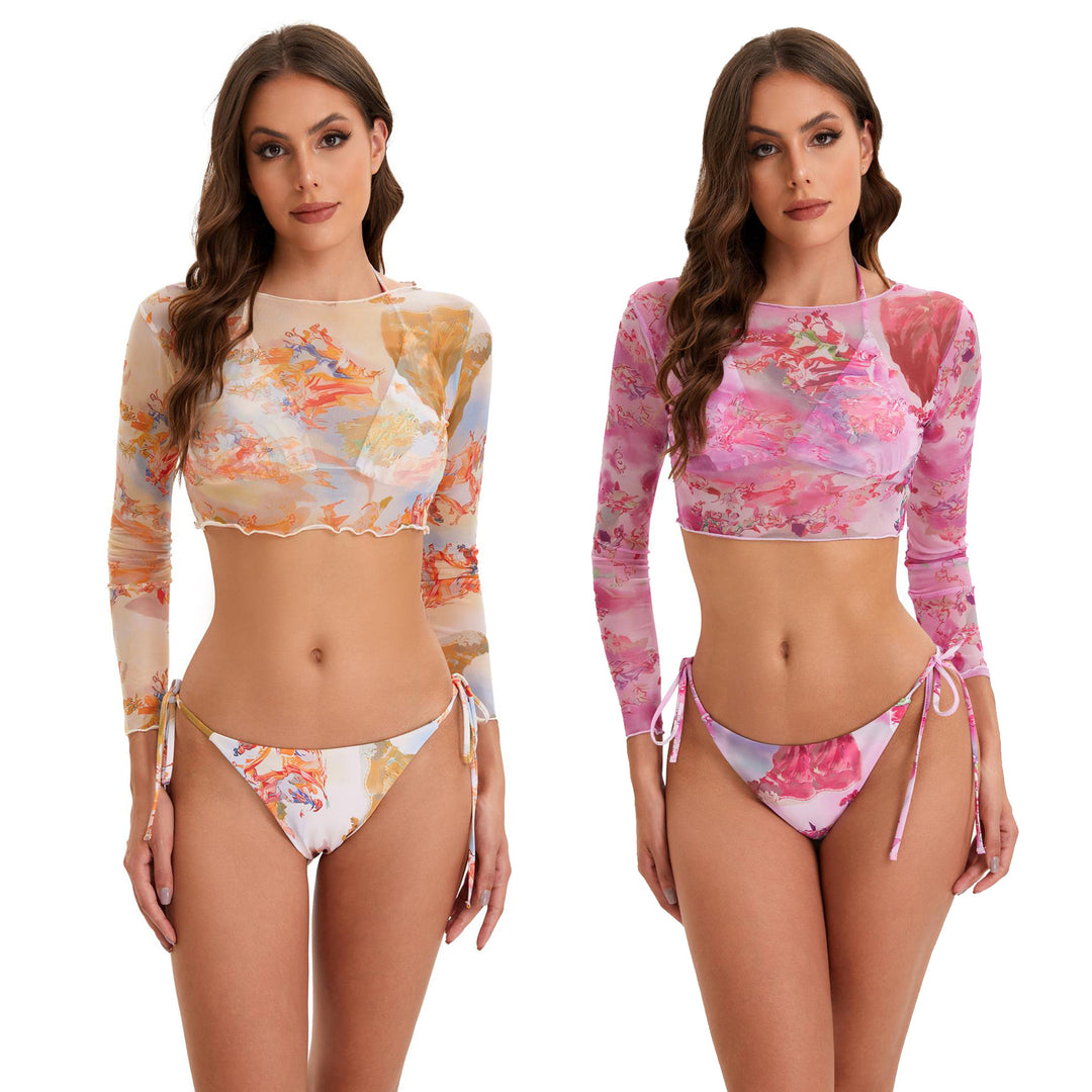 Damen Bikini-Set mit langärmeligem Crop-Top und floralem Design EB