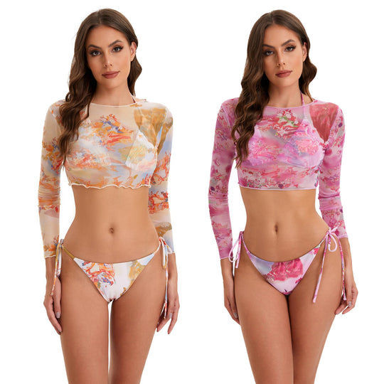 Damen Bikini-Set mit langärmeligem Crop-Top und floralem Design EB