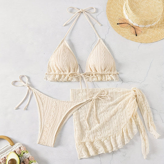 Damen Triangel-Bikini mit Rüschendetail und passendem Wickelrock EB