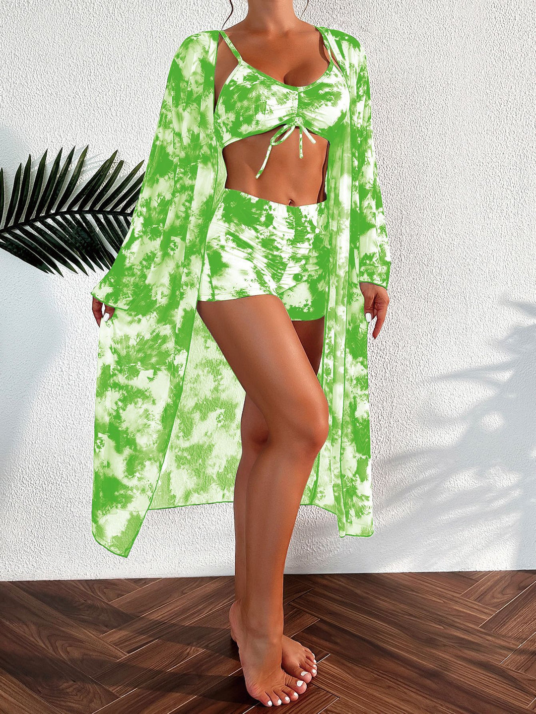Damen Bikini-Set mit kurzem Höschen und transparentem Strandkimono EB