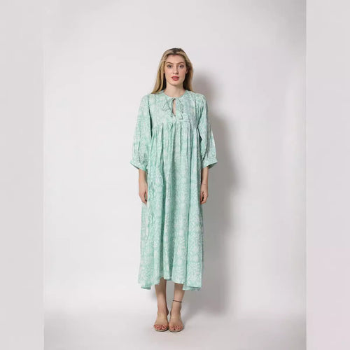 Damen Maxi-Kleid mit voluminösen Ärmeln und raffiniertem Bindungsdetail EB