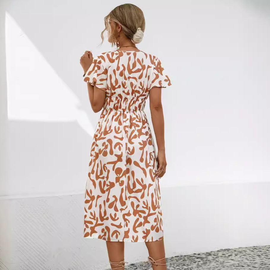 Damen Midi-Kleid mit V-Ausschnitt und fließenden Rüschendetails EB