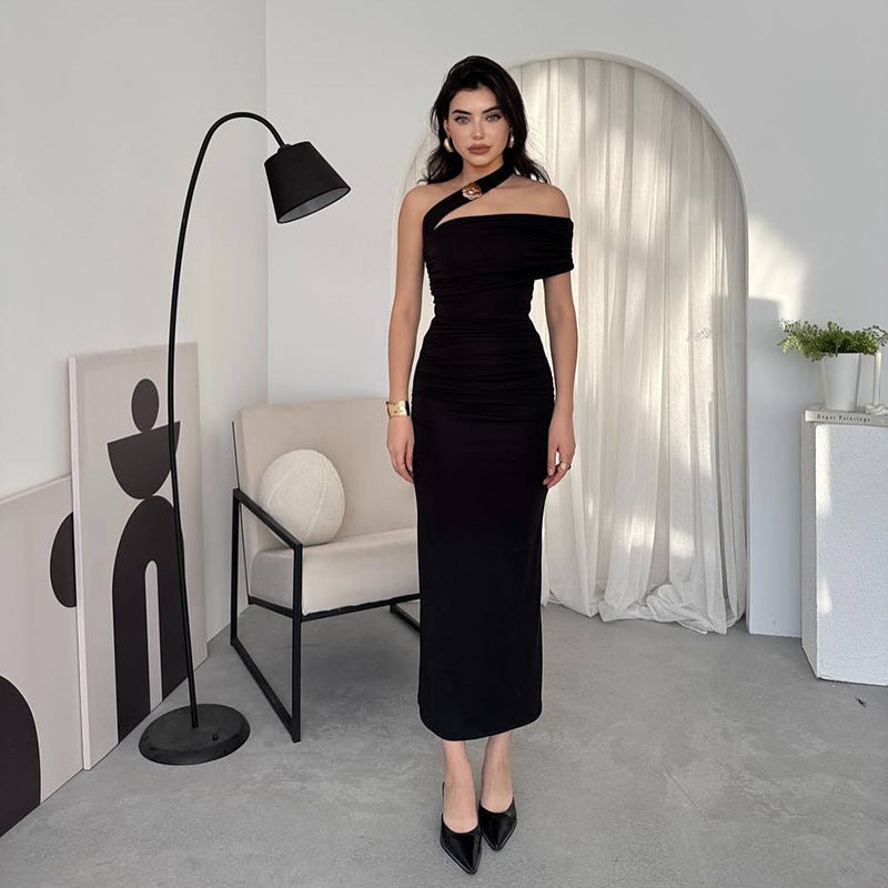 Damen Elegantes Rüschen-Maxikleid mit asymmetrischem Träger EB