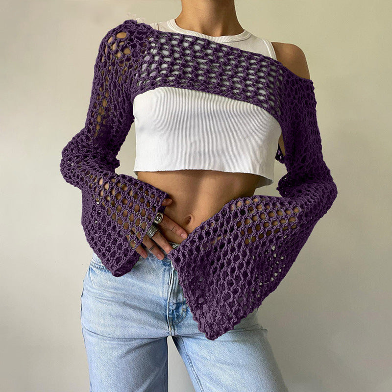 Damen gehäkeltes Langarm-Top mit Off-Shoulder-Design EB