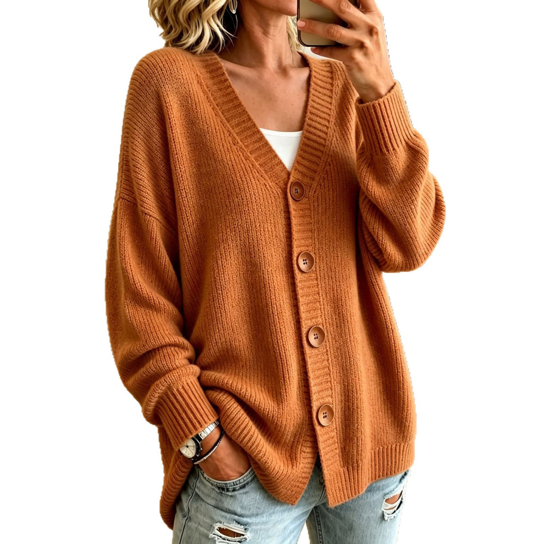 Damen Lockerer Longline-Cardigan mit tiefem V-Ausschnitt und Holzknöpfen EB