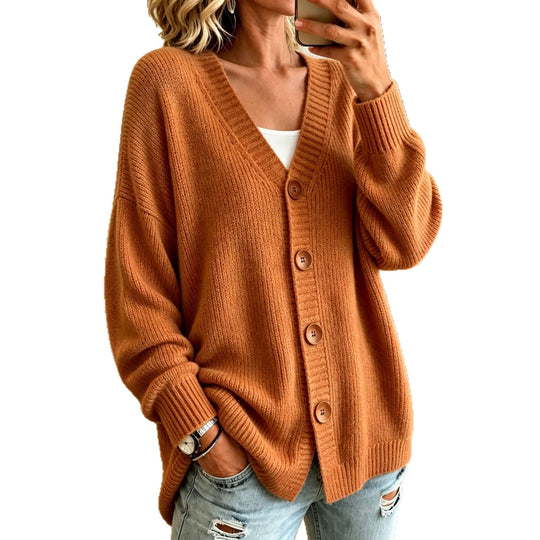 Damen Lockerer Longline-Cardigan mit tiefem V-Ausschnitt und Holzknöpfen EB