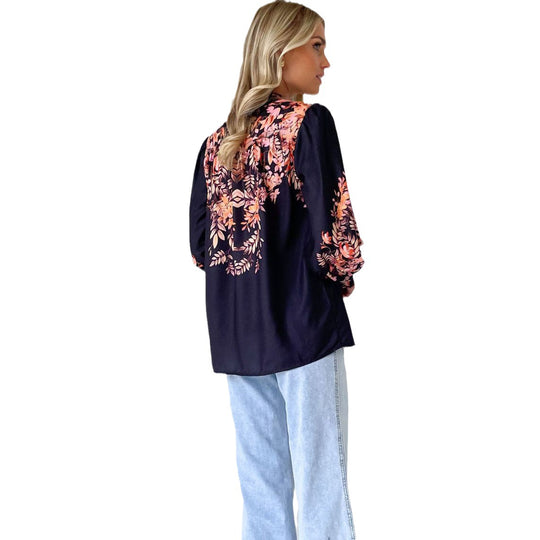 Damen Blusenoberteil mit floralem Design und eleganten Puffärmeln EB