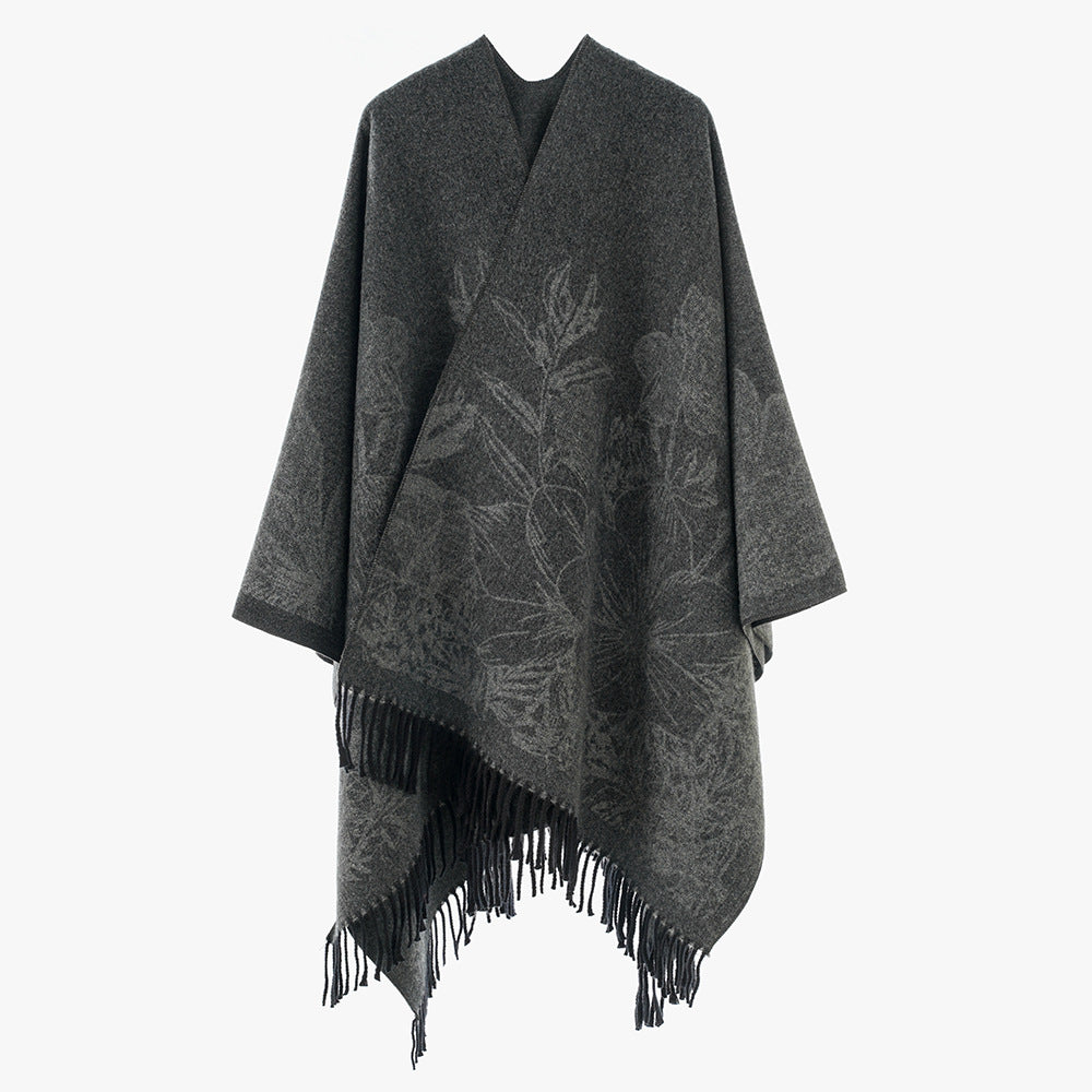 Damen Fließender Capeponcho im Kimono‑Schnitt mit feinem Blumenjacquard und Fransensaum EB